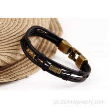 Multi camadas, bracelete de couro para mulheres liga Wrap pulseiras